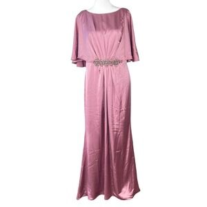 ADRIANNA PAPELL Rose Mauve Satin Rhinestone Beaded Draped Cape Maxi Dress‎ Sz 10